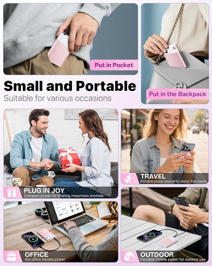 Aaoyun Portable Charger Power Bank, 10000mAh 22.5W PD Fast Charging Powerbank with Built-in USB C Cable, Slim External Phone Battery Pack for iPhone 17/16/15 Samsung S24 Android etc (Pink) - Image 6