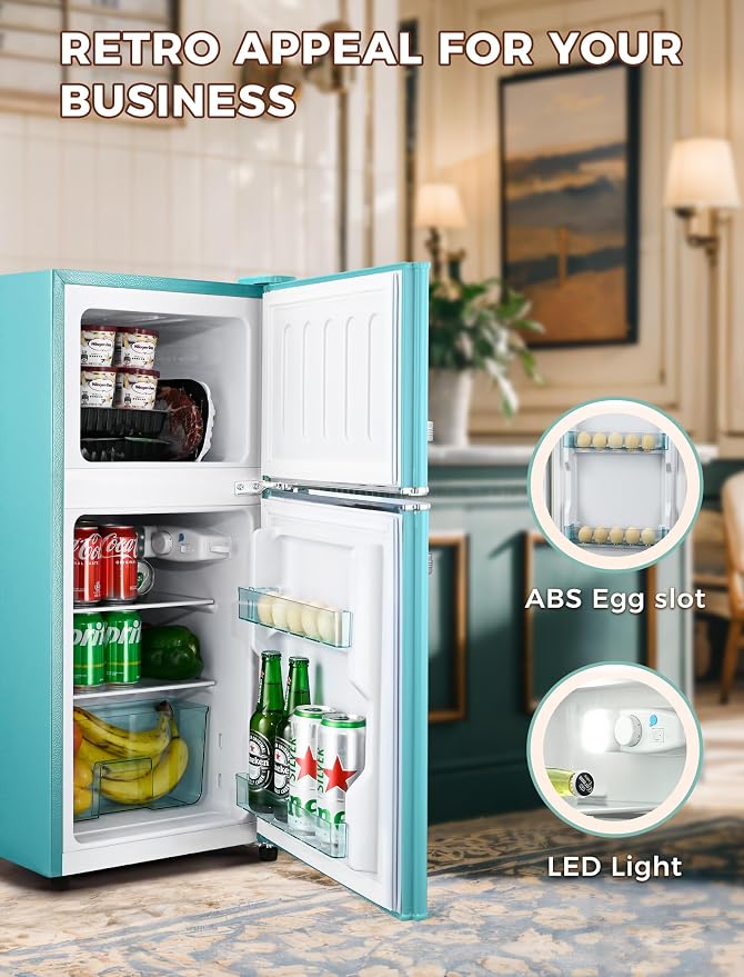 Anypro 3.2 Cu.Ft Refrigerator, Retro Double Door Fridge with Freezer, 7 Adjustable Temperature Settings, Removable Glass Shelves for Dorm, Office, Bedroom, Apartment, Blue - Image 5