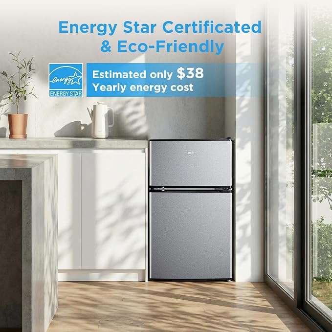 Midea 3.1 Cu.ft Mini Fridge with Freezer, Energy Star Certified, for Dorm | Adjustable Remove Glass Shelves, Reversible Door, Silver - Image 2