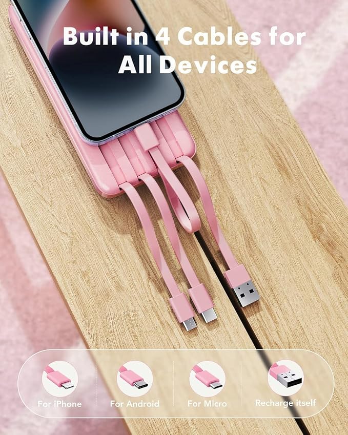 charmast Portable Charger with Built in Cables, Power Bank with Cords Wires, Slim 10000mAh Travel Battery Pack 6 Outputs 3 Inputs 3A Fast Charging for Samsung Google Pixel LG Moto iPhone iPad - Image 2