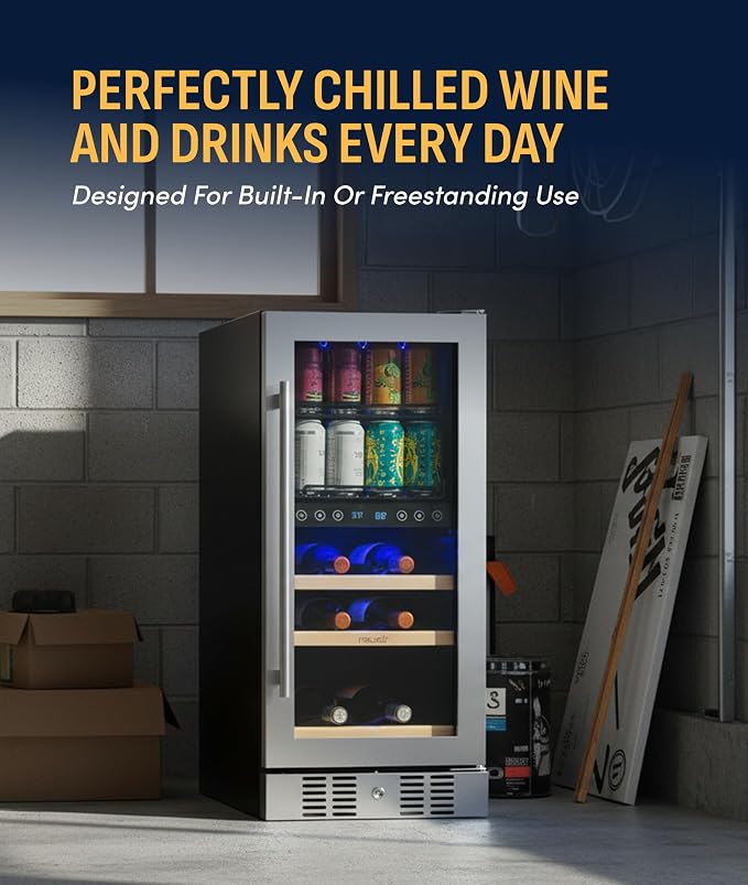NewAir 15" Dual Zone Beverage Refrigerator & Wine Cooler for 9 Bottles & 48 Cans | Freestanding or Built-In Under Counter Mini Fridge for Beer, Wine and Soda | Stainless Steel - Image 2