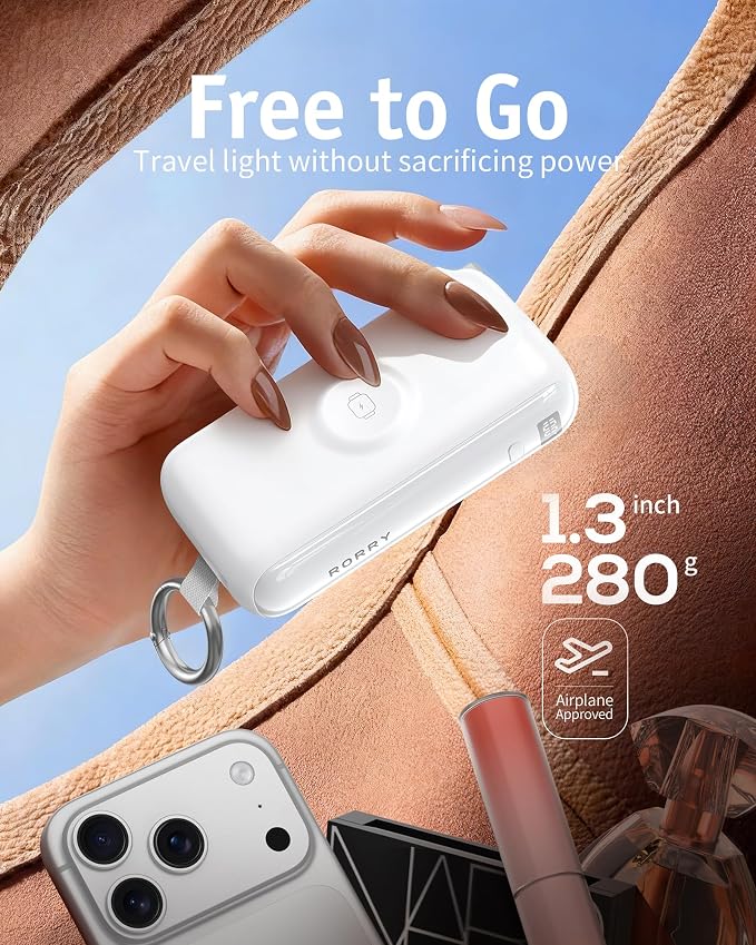 RORRY Flow Portable Charger, 10000mAh 40W Fast Charging Power Bank with Built-in USB C Cable and Foldable Wall Plug, Battery Pack Travel Essentials for iPhone 17/16/15, Apple Watch, iPad, MacBook - Image 3