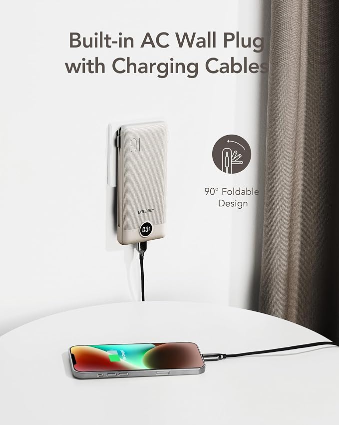 VEGER Portable Charger with Built-in AC Plug and Cables, All in One 10000mAh Ultra Slim Power Bank Travel Essentials, Fast Charging Battery Pack Compatible with iPhone, Samsung, Android (Coffee) - Image 3