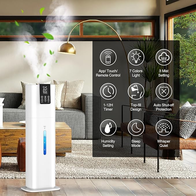 Smart Humidifiers Large Room Bedroom Home,2.11Gal(8L) Quiet Top Fill Cool Mist Humidifier,Smart App & Remote Control, 3 Speed Humidifier with 360°Nozzle,Humidity Setting for Baby Office Plant(White) - Image 3