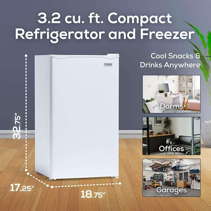 Igloo 3.2 Cu.Ft. Mini Fridge with Freezer - Single Door Compact Refrigerator with Glass Shelves for Homes, Dorms & Offices- Keep Snacks, Drinks & Frozen Foods Cool with Temperature Control Mini Fridge - Image 2