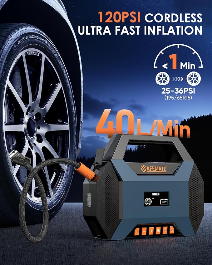 2500A Car Jump Starter with Air Compressor - 120PSI Tire Inflator, 40W Fast Charging, 48.84Wh Portable Power Bank, Voltage Tester for 8L Gas/6L Diesel Engines - Image 3