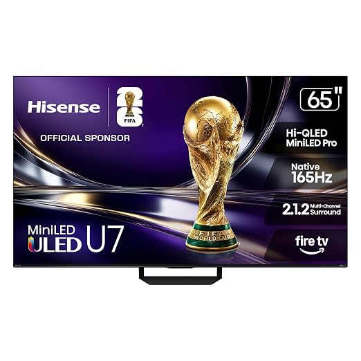 Hisense 65" U7 Mini-LED ULED 4K UHD Best Premium Gaming HDR Smart Fire TV (65U7SF, 2026 New) - Hi-QLED, Native 165Hz, VRR 330, Dolby Vision IQ · Atmos, IMAX Enhanced, Anti-Reflection, 2.1.2 Ch, Alexa+ by Hisense