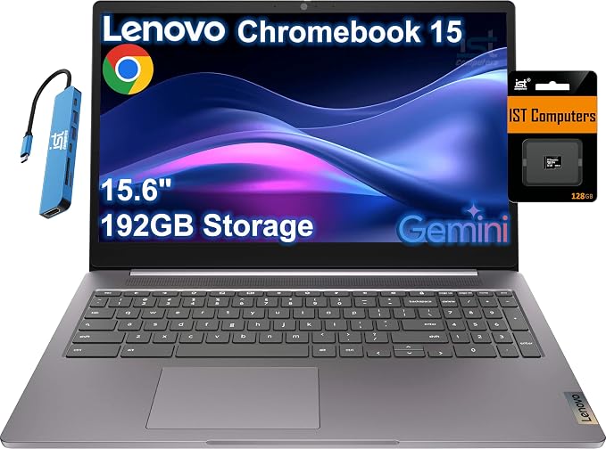Lenovo Chromebook 15 IdeaPad 3i Laptop, 15.6" FHD, Intel Celeron, 4GB RAM | 192GB Storage (64GB eMMC + 128GB SD Card), Home & Students, Webcam, Numeric Keyboard, 10-Hour Long Battery Life, Chrome OS by LENOVO