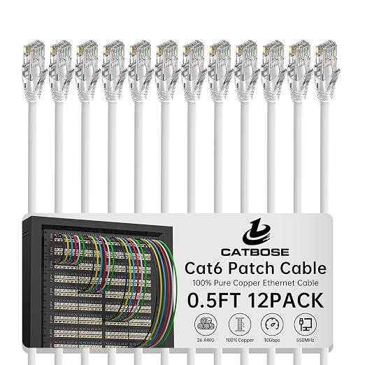 0.5 Foot Cat6 Patch Cables, Solid Pure Copper Patch Cord, Cat 6 Ethernet Cable by CatBose