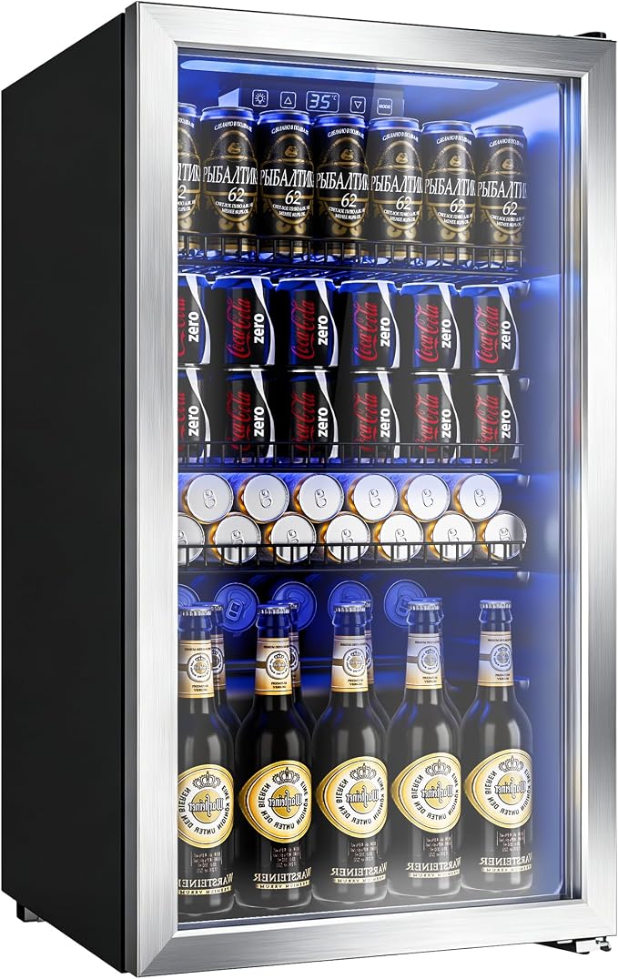 130 Can Beverage Refrigerator, 3.2 Cu.Ft Mini Fridge Beverage Cooler | Glass Door, 35–65°F Digital Temperature Display, Adjustable Shelves, Beverage Fridge for Soda, Beer & Wine by Manastin