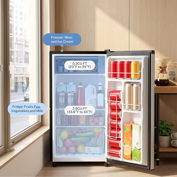 3.2 Cu.Ft Mini Fridge with Freezer, 1 Door Small Refrigerator with Adjustable Thermostat Energy-efficient Low Noise, Compact Fridge for Bedroom, Office, Dorm, Silver - Image 3