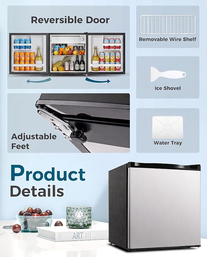 Feelfunn Mini Fridge with Freezer - 1.7 Cu.Ft Single Door Mini Refrigerator with Adjustable Thermostat, Energy Saving, Low Noise, Small Fridge for Bedroom, Office, Dorm, Apartment, Classroom - Silver - Image 5
