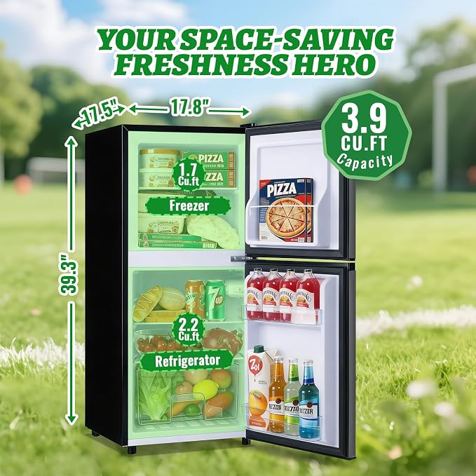 DEMULELR 3.9Cu.ft Small Refrigerator with Freezer Two Door Fridge with Crisper Drawer & Extra Drink Space, LED Light, Small Fridge for Dorm Office Home 17.5"D x 17.7"W x 40"H，Black - Image 6
