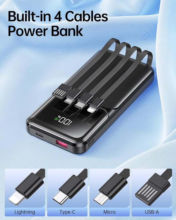 RONEGN Portable Charger with Built in Cable - Power Bank Fast Charging USB C LED Display 10000mah Battery Pack 5 Outputs & 3 Inputs for Travel Essentials iPhone Samsung Android Phones Tablets Black - Image 2