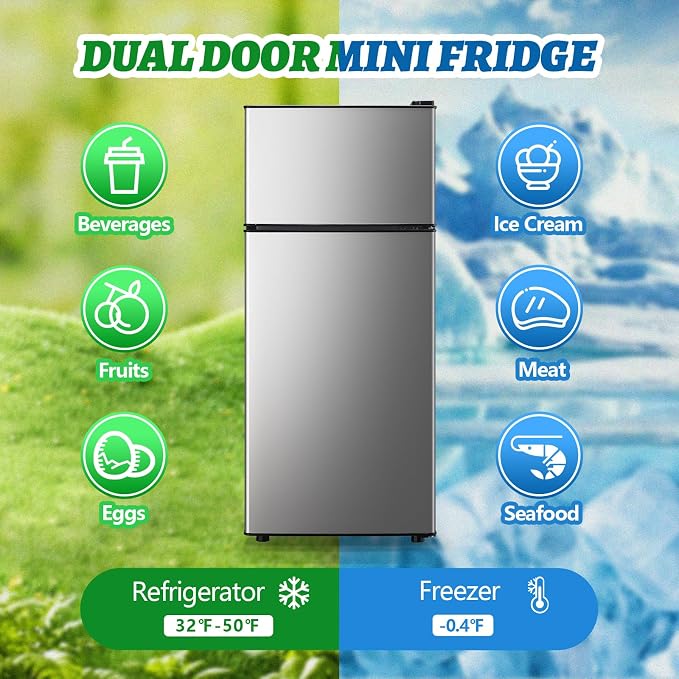 DEMULELR Small Refrigerator with Freezer 2.6 Cu.ft Dual Door Mini Fridge with 3 Removable shelves & Extra Drink Space Fridge for Office 14.77" W x 15" D x 35" H, Mini Refrigerator for Dorm, Silver - Image 3