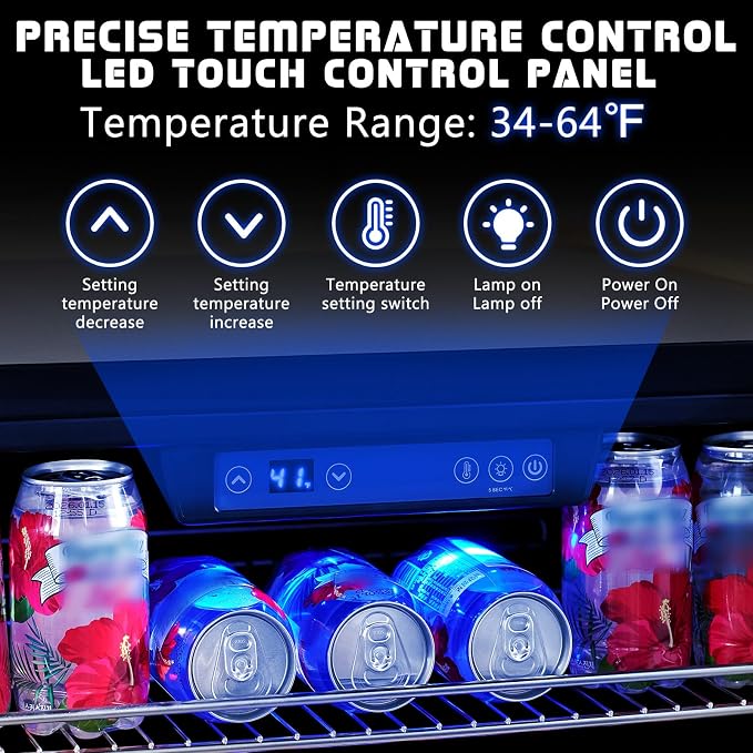 Albott 24 Inch Beverage Refrigerator, Under Counter Fridge with Glass Door | Adjustable Shelves, LED Touch Panel, Built-In or Freestanding Design for Wine and Beer, 34-64℉ - Image 2
