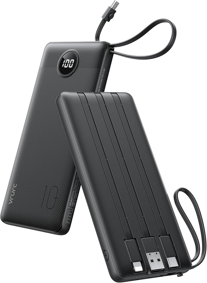 VRURC Portable Charger with Built in Cables, Slim Power Bank 10000mAh, USB C Travel Battery Pack, 5 Output 2 Input External Charging Bank for iPhone 17 16 15 14 13,Samsung,Android-Black(1 Pack) by Home