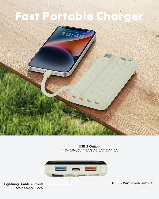 charmast 20000mAh Portable Charger with Built in Cables, 22.5W Travel Power Bank Fast Charging, USB C Cell Phone Battery Pack for iPhone 16/15/14/13/12/11 Series, iPad, Samsung, Android, Tablet - Image 8