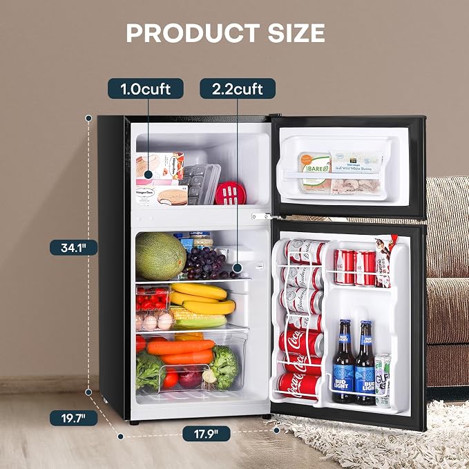 Upstreman 3.2 Cu.Ft Mini Fridge with Freezer, Double Door Mini Fridge, Adjustable Thermostat, Mini Refrigerator for Dorm, Office, Bedroom, Black-BD321 - Image 2