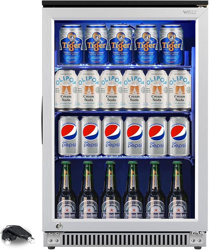 Weili 20 Inch Under Counter Beverage Refrigerator with Glass Door, 120 Can | Built-in/Freestanding, Lock, 3.2 Cu.Ft, Stainless Steel, Adjustable Shelves, Beer Soda Drink Fridge, for Home Bar Office by Weili