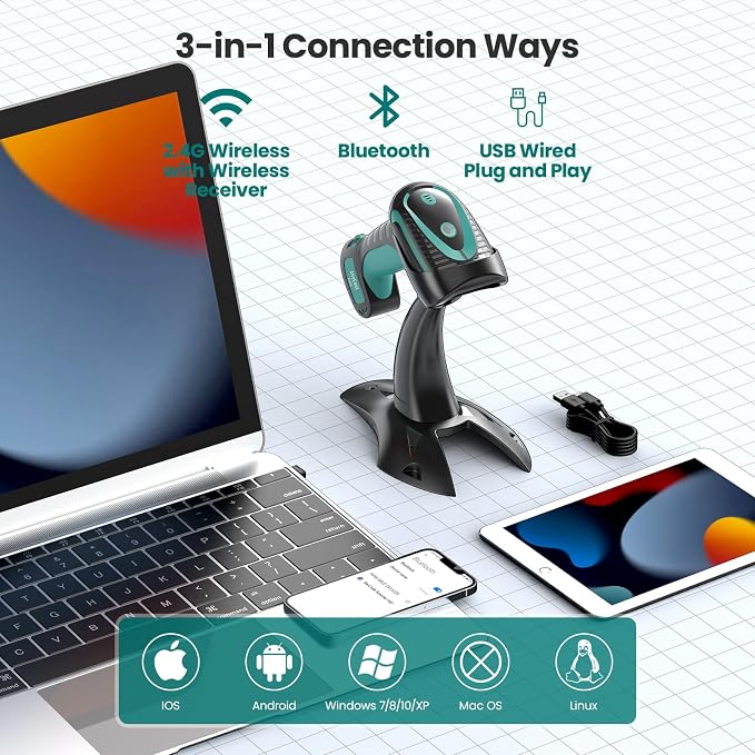 Wireless Barcode Scanner with Stand, Industrial 2D 1D QR Bluetooth Barcode - Image 2