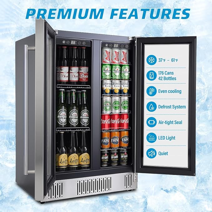 Stopasd Beverage Refrigerator Cooler, 5.4 Cu.Ft/176 Can Drink Fridge with Dual Zone Beverage Cooler Under Counter with Glass Door&LED Light, Quiet Undercounter Small Fridge for Home/Office/Bar, Silver - Image 7