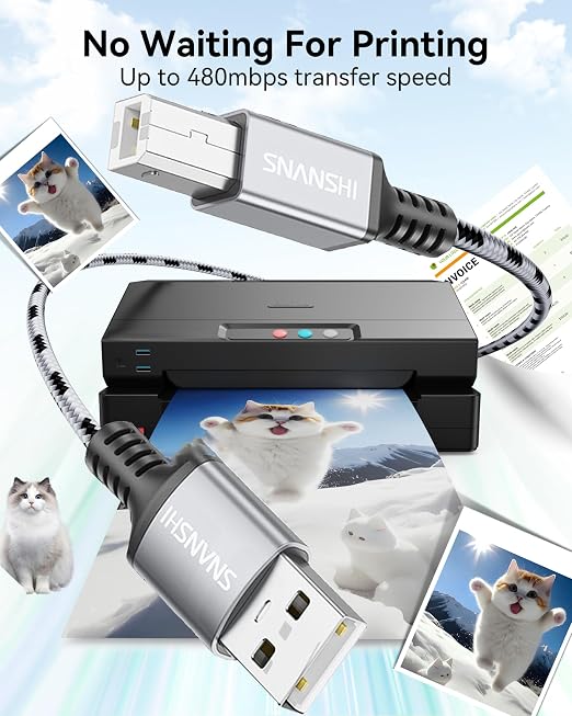 SNANSHI USB Printer Cable 20 feet, Nylon Braided USB 2.0 Type A to B Male - Image 5