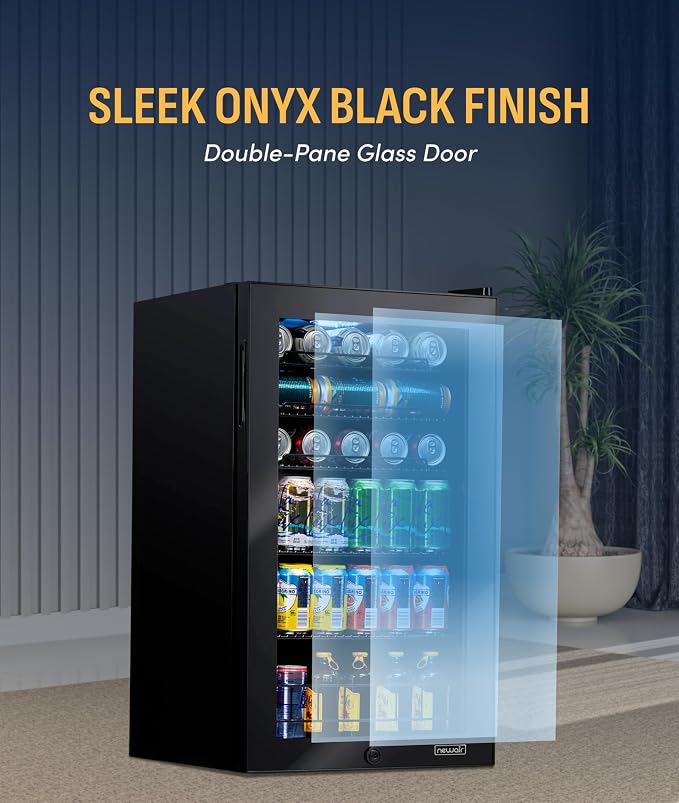NewAir 126 Can Beverage Refrigerator | Freestanding Small Mini Fridge for Bedroom with Glass Door | Drink Cooler with Adjustable Shelves, Quiet Cooling & Locking Door | Black - Image 8
