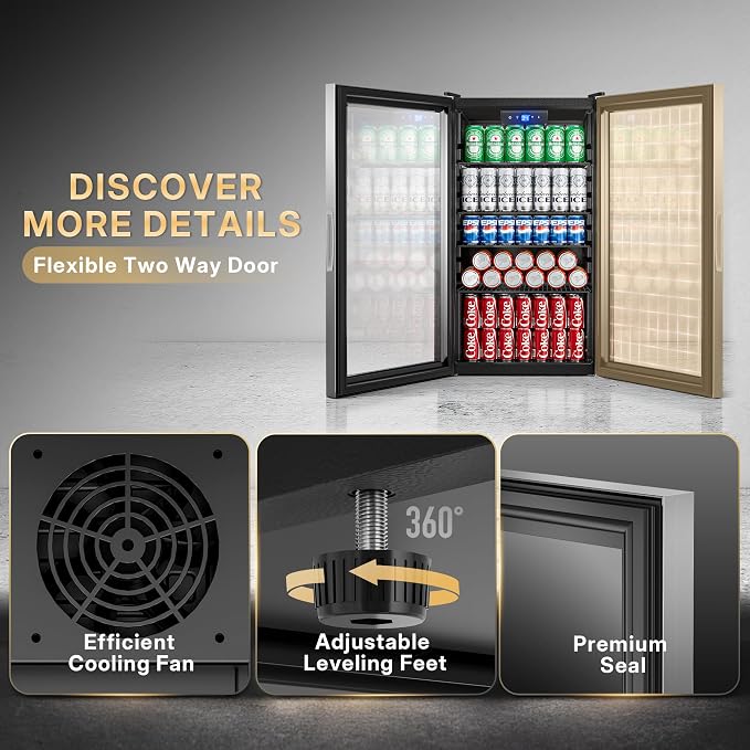 130 Can Beverage Refrigerator, 3.2 Cu.Ft Drink Cooler | Reversible Glass Door, 35–65°F Digital Temperature Display, Adjustable Shelves, Beverage Fridge for Soda, Beer & Wine - Image 6