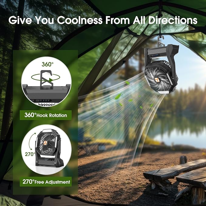 Portable Rechargeable Fan, 20000mAh Cordless Battery Powered Camping Tent Fans with LED Lantern, Small USB C Operated Outdoor Ventilador for Travel Camp Fishing Picnic Beach Office Home Essentials - Image 4
