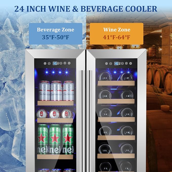 24 Inch Wine and Beverage Refrigerator, Dual Zone Wine Beverage Fridge with Glass Door, Built-In/Freestanding Beverage Cooler 24" with French Door, Holds 20 Bottles and 88 Cans for Home/Kitchen - Image 2