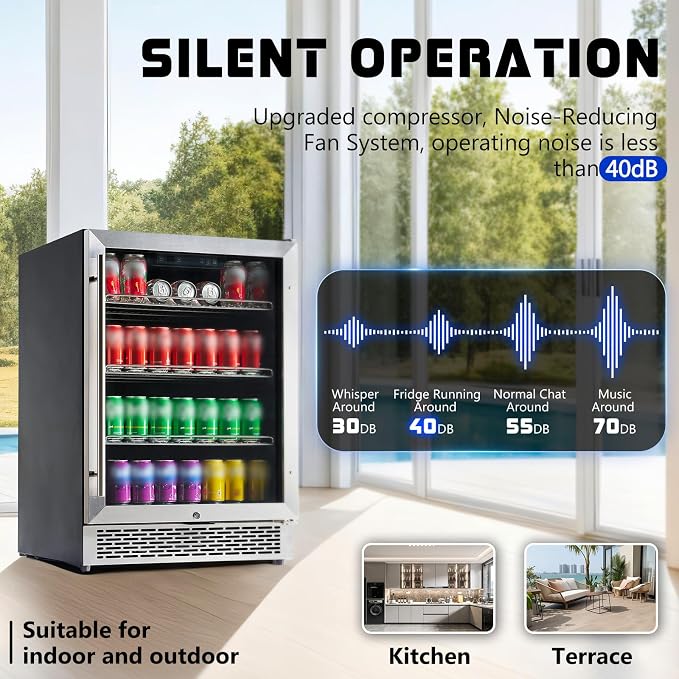 Albott 24 Inch Beverage Refrigerator, Under Counter Fridge with Glass Door | Adjustable Shelves, LED Touch Panel, Built-In or Freestanding Design for Wine and Beer, 34-64℉ - Image 8