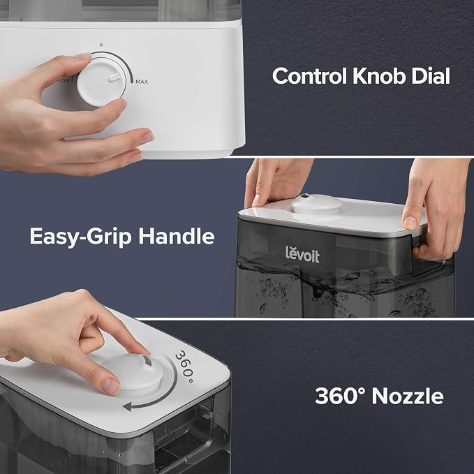 LEVOIT Classic300 Ultrasonic Top Fill Humidifier, Extra Large 6L Tank Last 60-Hour - Super Quiet, Easy to Use and Clean, 360° Rotation Nozzle, Simple Knob Control, Handle, Auto Shut Off, Gray - Image 4