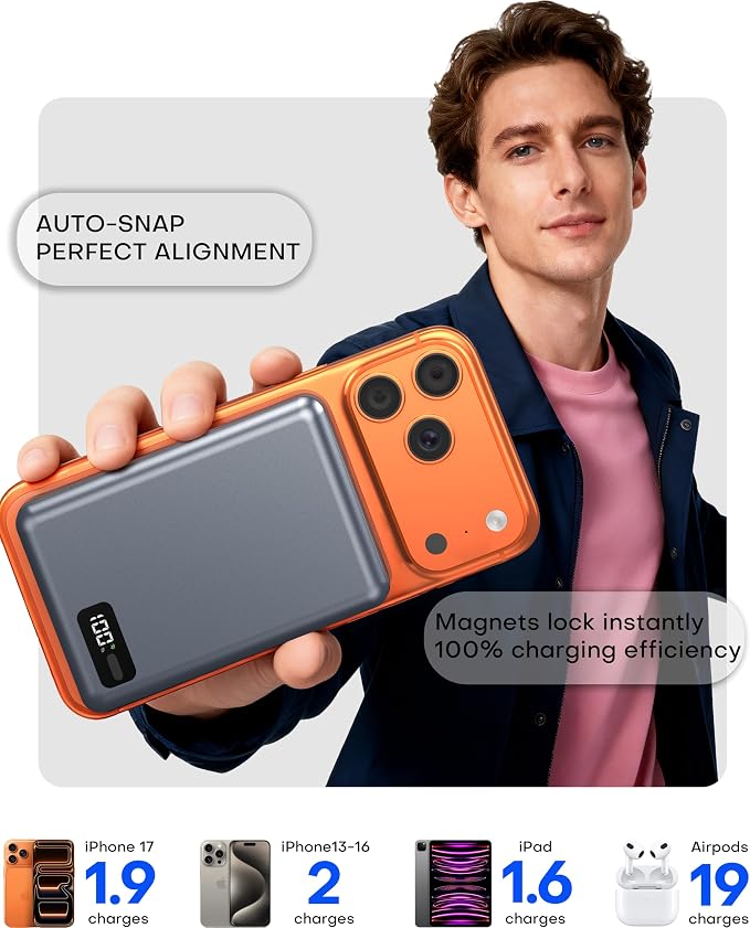 Enyneo Mag.Safe Portable Charger, 10000mAh Battery Pack - Qi2 Certified, 22.5W Fast Charging Wireless Magnetic Power Bank for iPhone 17/ Air/ 16/15/14/13/12 Series, Travel Camping Essential-Grey - Image 6