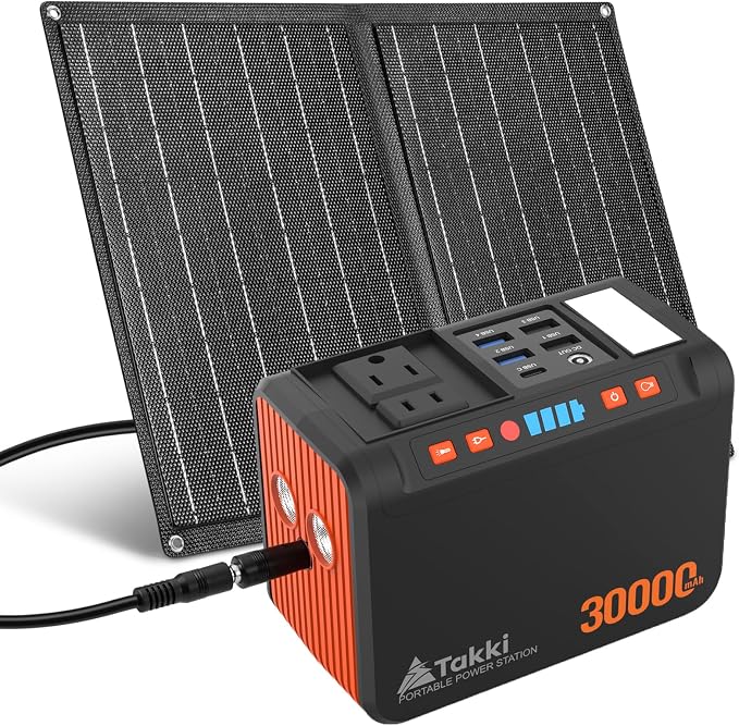 Takki 111Wh Portable Solar Generator Power Station with 21W Foldable Solar Panel, 120W Peak Solar Charger Power Bank with 110V AC DC USB Ports for Camping Emergency Outdoor Home Use by Takki