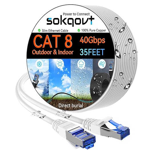 Sokqovt Cat 8 Ethernet Cable Slim 35ft Outdoor&Indoor, Pure Copper Cat8 by Unknown