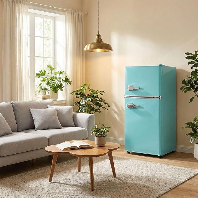 Mini Fridge with Freezer, 3.2 Cu.Ft Retro Double Door Refrigerator with 7 Level Thermostat, Adjustable Removable Glass Shelves for Bedroom Office Apartment Dorm Bar (RETRO BLUE, 3.2 Cu.Ft.) - Image 2