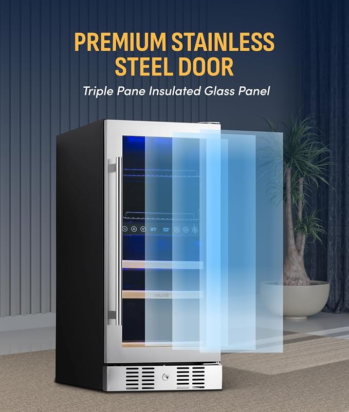 NewAir 15" Dual Zone Beverage Refrigerator & Wine Cooler for 9 Bottles & 48 Cans | Freestanding or Built-In Under Counter Mini Fridge for Beer, Wine and Soda | Stainless Steel - Image 8