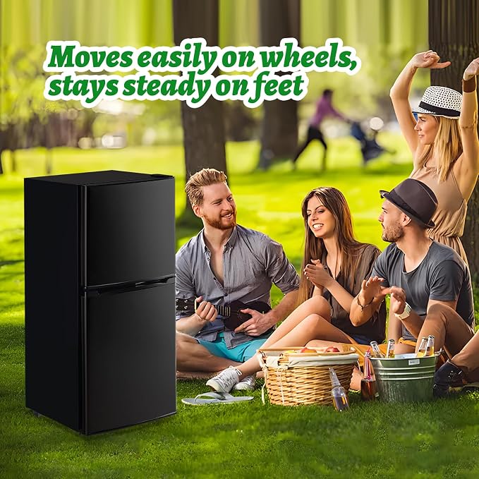 DEMULELR 3.9Cu.ft Small Refrigerator with Freezer Two Door Fridge with Crisper Drawer & Extra Drink Space, LED Light, Small Fridge for Dorm Office Home 17.5"D x 17.7"W x 40"H，Black - Image 8