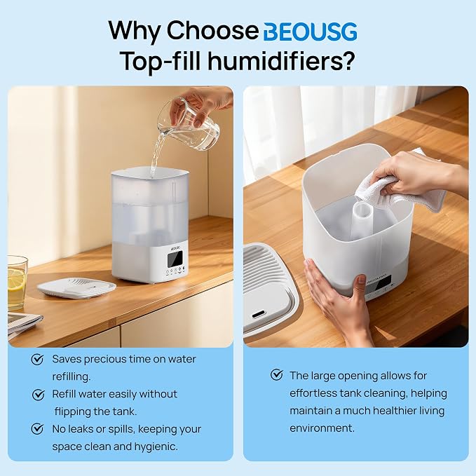 5L Top Fill Ultrasonic Humidifier,Cool Mist Humidifiers with Timer & Humidity Control for Bedroom, Baby, Large Rooms & Plants (White) - Image 3