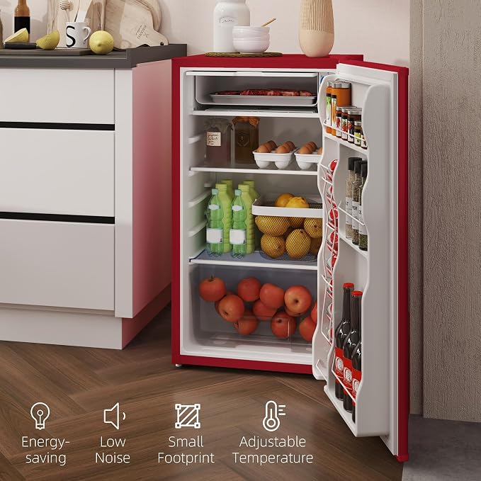 HOMCOM 3.2 Cu.Ft Mini Fridge with Freezer Single Reversible Door Red | Compact Refrigerator, Adjustable Thermostat, Shelf, for Bedroom Dorm Home Office, Energy Efficient - Image 8
