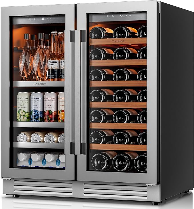 Ca'Lefort 30 Inch Wine & Beverage Refrigerator, 80 Can & 33 Bottle | 36-72°F Touch Control, Dual-Pane Glass Door, Adjustable Shelves, 3 Color LED, Built-In or Under Counter for Home Bar Kitchen by CaLefort