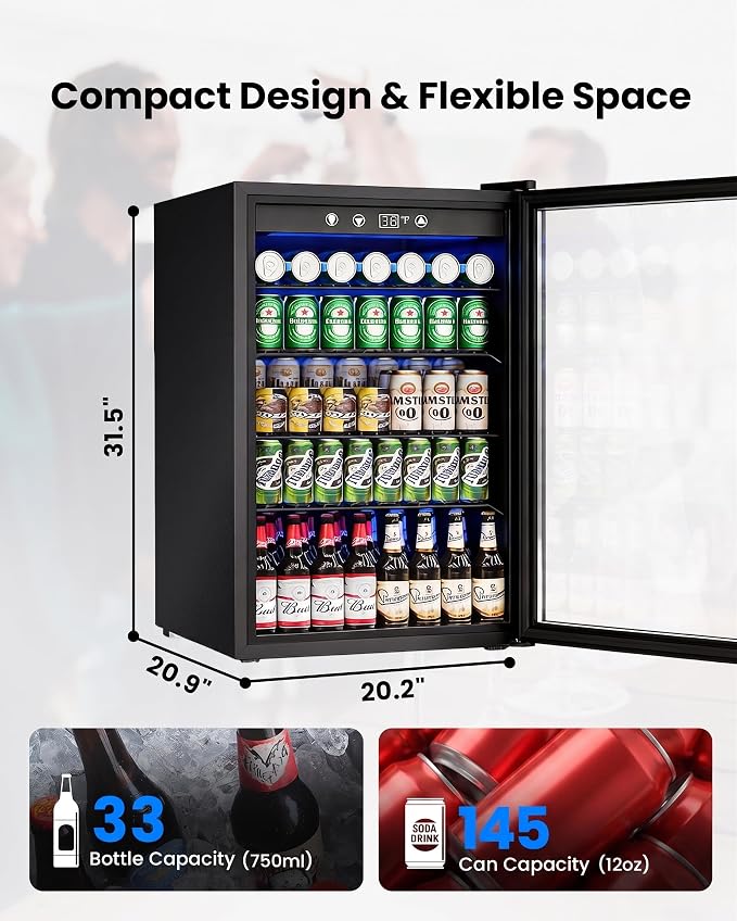 Feelfunn 4.5Cu.Ft Beverage Refrigerator 145Can Mini Fridge Glass Door Black | 32-61°F temp range, ultra-quiet <42dB, holds 145 cans, 4 adjustable shelves. Ideal for bedroom, office, home bar - Image 2