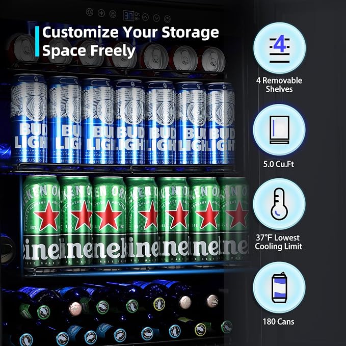 24 Inch Beverage Refrigerator, 180 Cans Built-in Beverage Cooler with Glass Door, Under Counter or Freestanding Drink Fridge with LED Light & Adjustable Shelves For Home Bar Office - Silver - Image 3