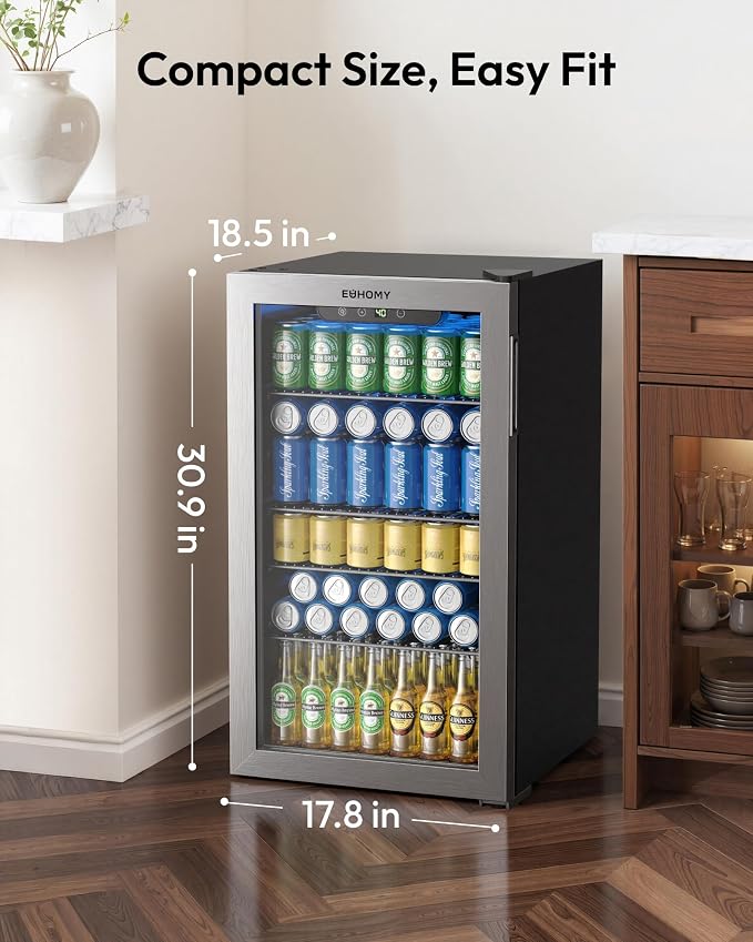 EUHOMY Mini Fridge 130 Can Beverage Refrigerator Cooler Glass Door for Soda Wine Beer, Beverage Cooler for Home, Bar, Office with Digital Temperature Control Removable Shelves, 3.2 Cu.Ft, Silver - Image 4