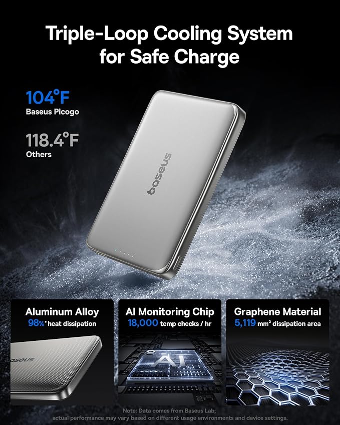 Baseus Picogo Power Bank, 0.5" Ultra Slim 10000mAh MagSafe Portable Charger, 27W Fast Charging Magnetic Battery Pack, Upgraded Polished Alloy Wireless Charger for iPhone 17 Pro Max/Air/16/15/14/13/12 - Image 3