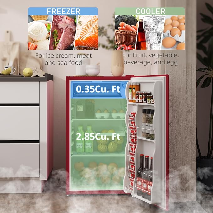 HOMCOM 3.2 Cu.Ft Mini Fridge with Freezer Single Reversible Door Red | Compact Refrigerator, Adjustable Thermostat, Shelf, for Bedroom Dorm Home Office, Energy Efficient - Image 3