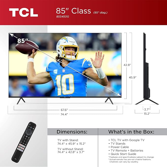 TCL 85-Inch Class S4 4K LED Smart TV with Google (85S450G, 2023 Model), Dolby Vision, HDR Pro, Atmos, Assistant Built-in Voice Remote, Works Alexa, Streaming UHD Television - Image 3