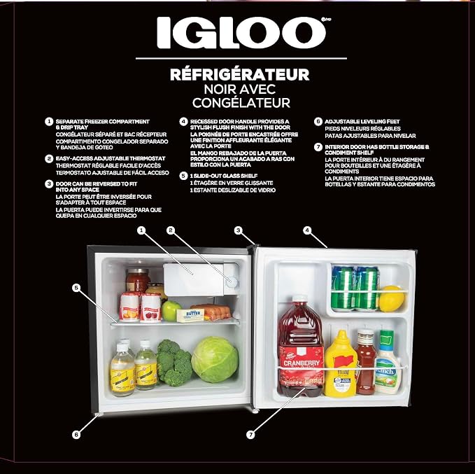 Igloo 1.6 Cu.Ft Mini Fridge with Freezer- Single Door Compact Refrigerator with Glass Shelves for Homes, Dorms & Offices- Keep Snacks, Drinks & Frozen Foods Cool with Temperature Control Fridge- Black - Image 4