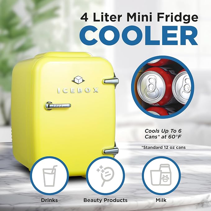 IceBox 4-Liter Mini Fridge Cooler/Warmer, IBMF4SUN, Sun Yellow | Portable Refrigerator Holds 6 Cans, Compact for Skincare, Beverages and Food, Includes 120V AC and 12V Car Adapters - Image 2